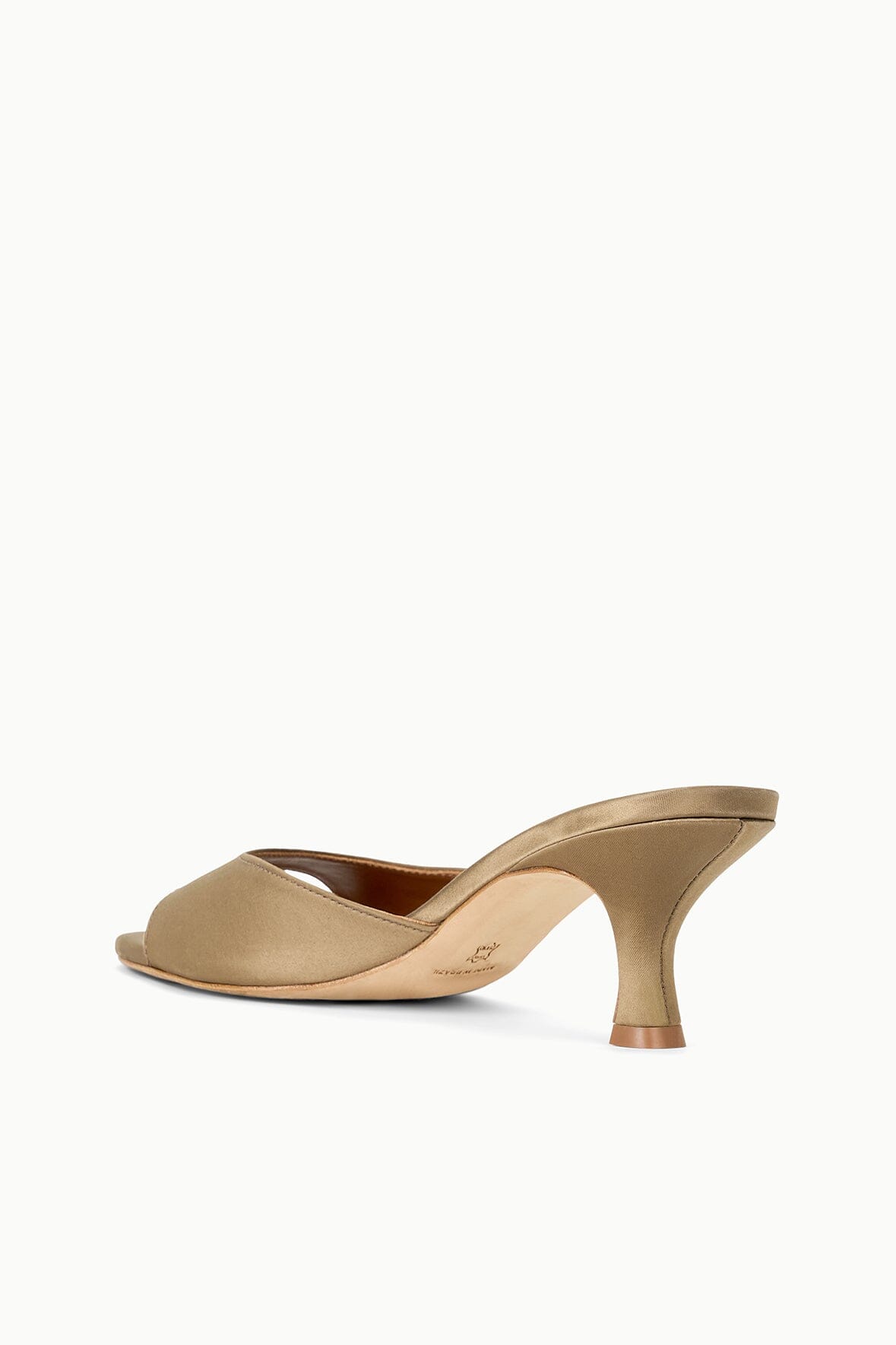 BRIGITTE satin mule, truffle brown satin upper with open toe and block heel