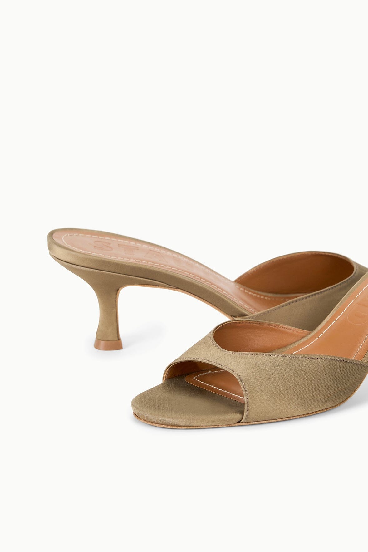 BRIGITTE satin mule, truffle brown open-back slide with low block heel, side view