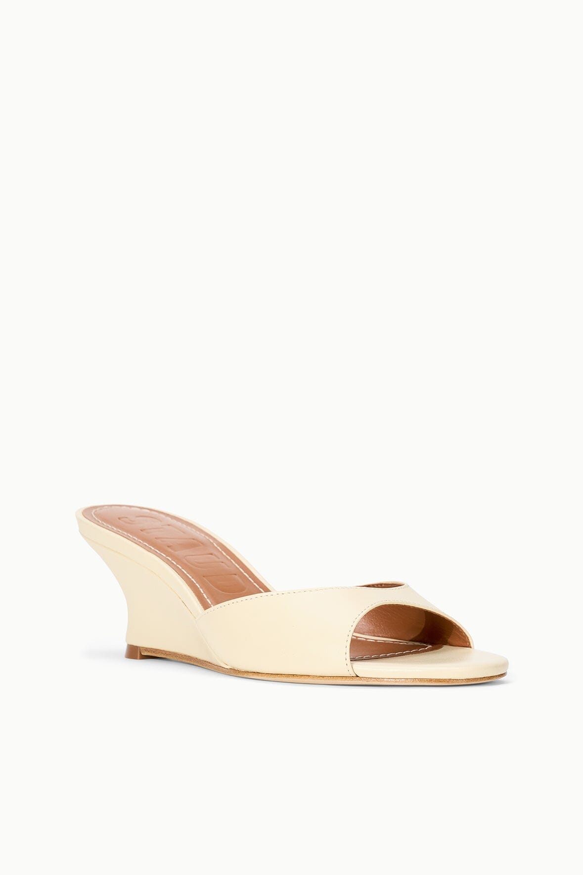 Cream peep-toe wedge slide sandals with wide front band