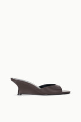 Espresso brown wedge slide sandal with open toe and low platform heel
