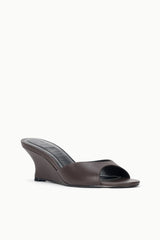 Espresso brown open-toe wedge mule sandal with stitched V-cut upper