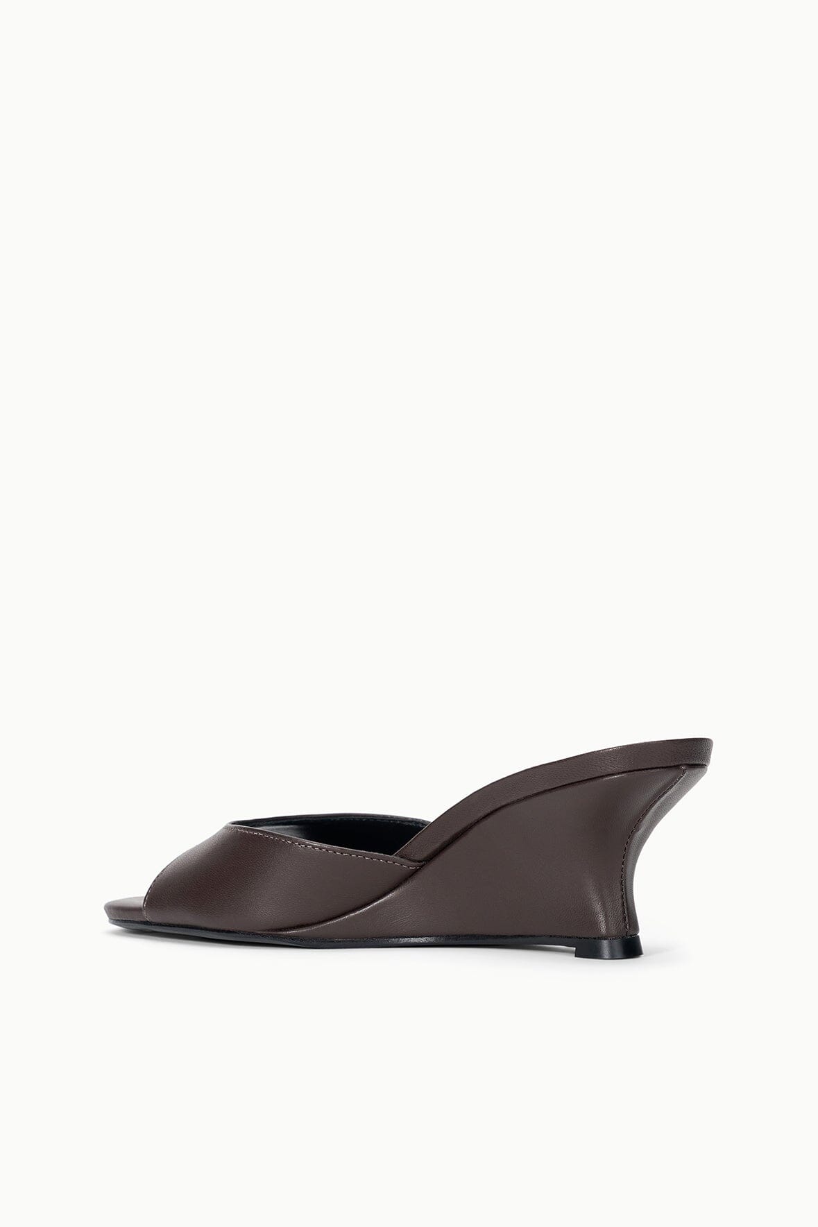 Espresso brown wedge mule sandal with curved toe and side profile