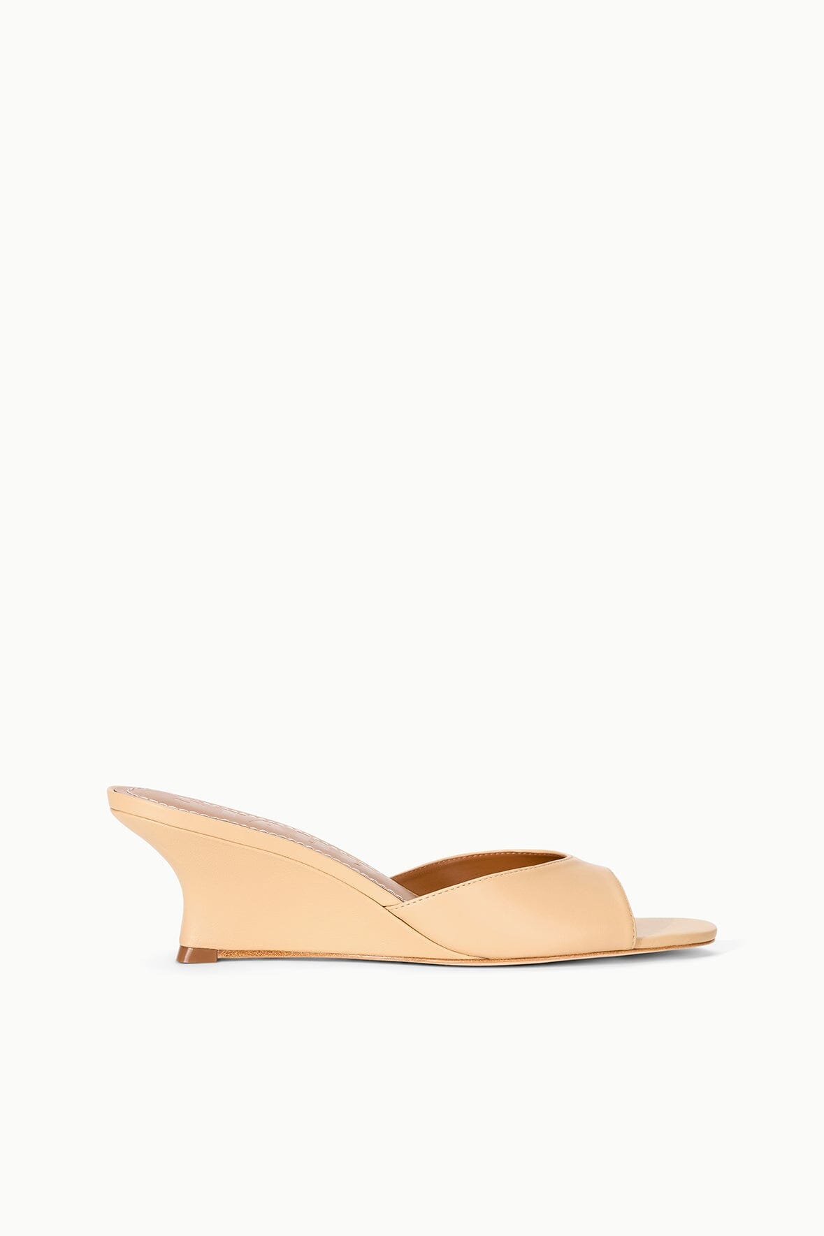 Tan wedge slide sandals with open toe and wide strap