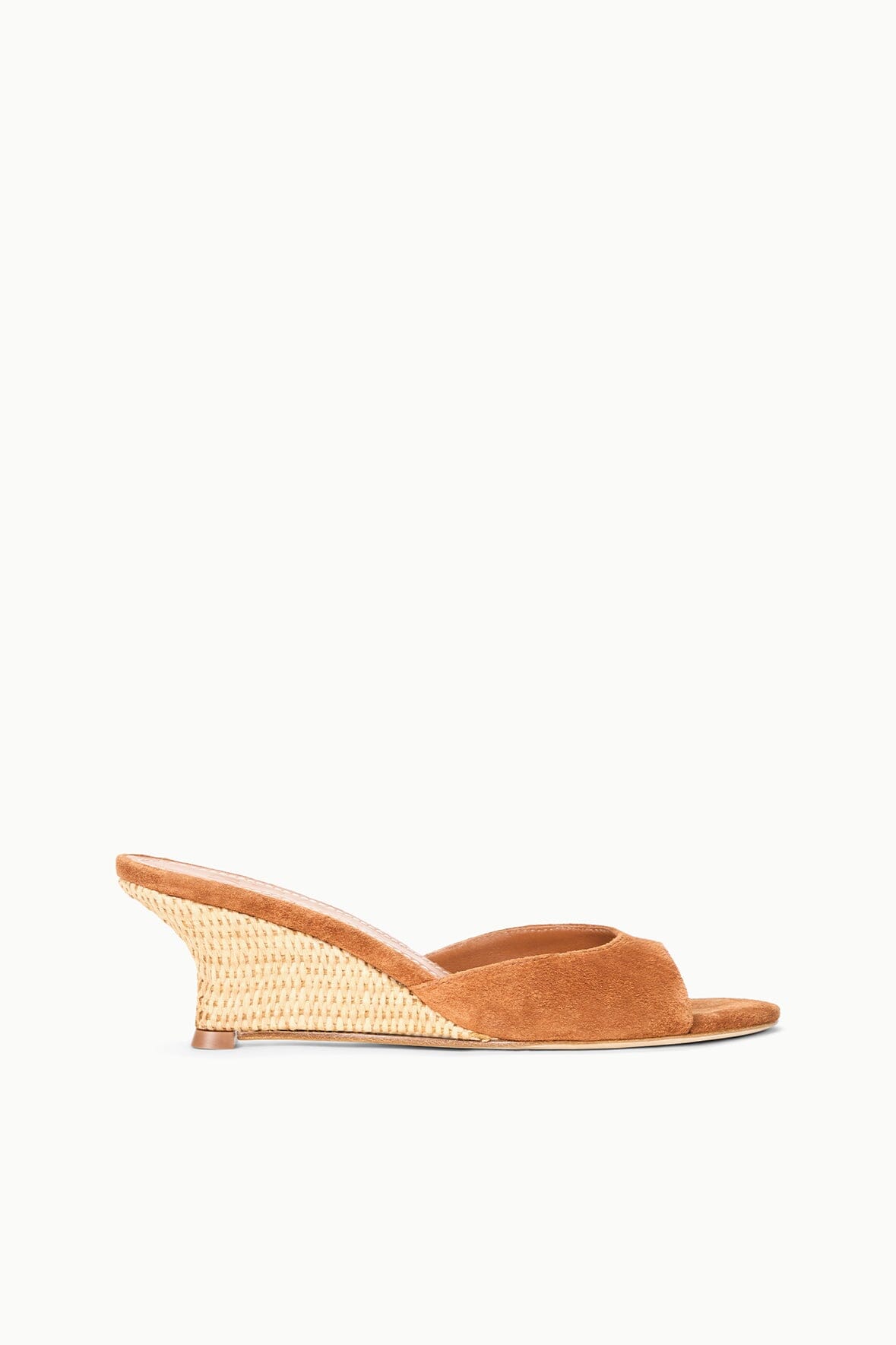 Tan suede open-toe wedge slide sandal with woven espadrille-style platform