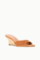 Tan suede open-toe wedge slide sandal with woven platform and low heel