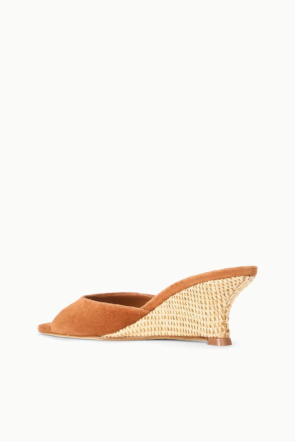 Tan suede slide sandal with woven wedge heel and open back