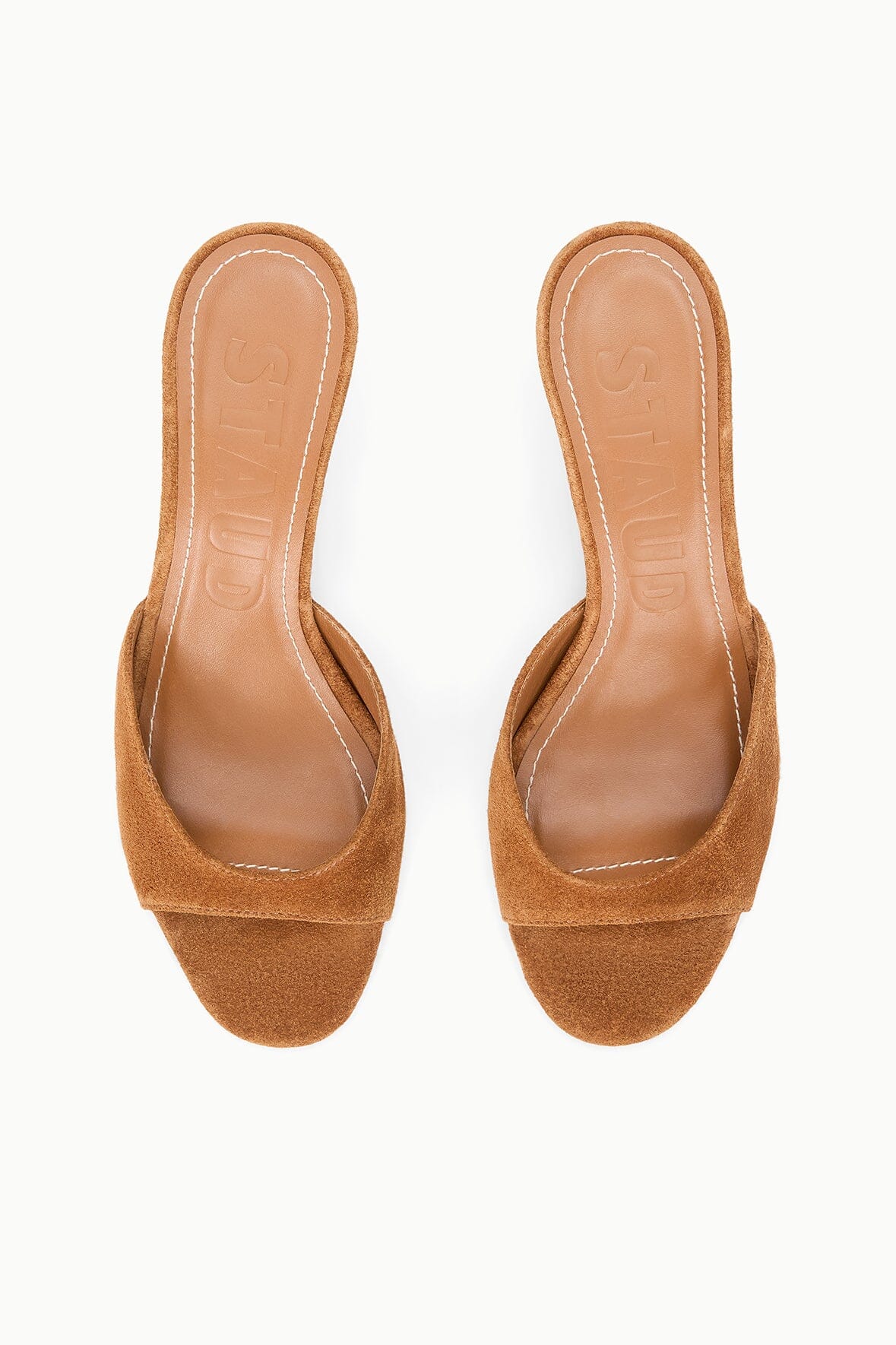 Tan suede open-toe wedge slides, two sandals showing footbeds and straps