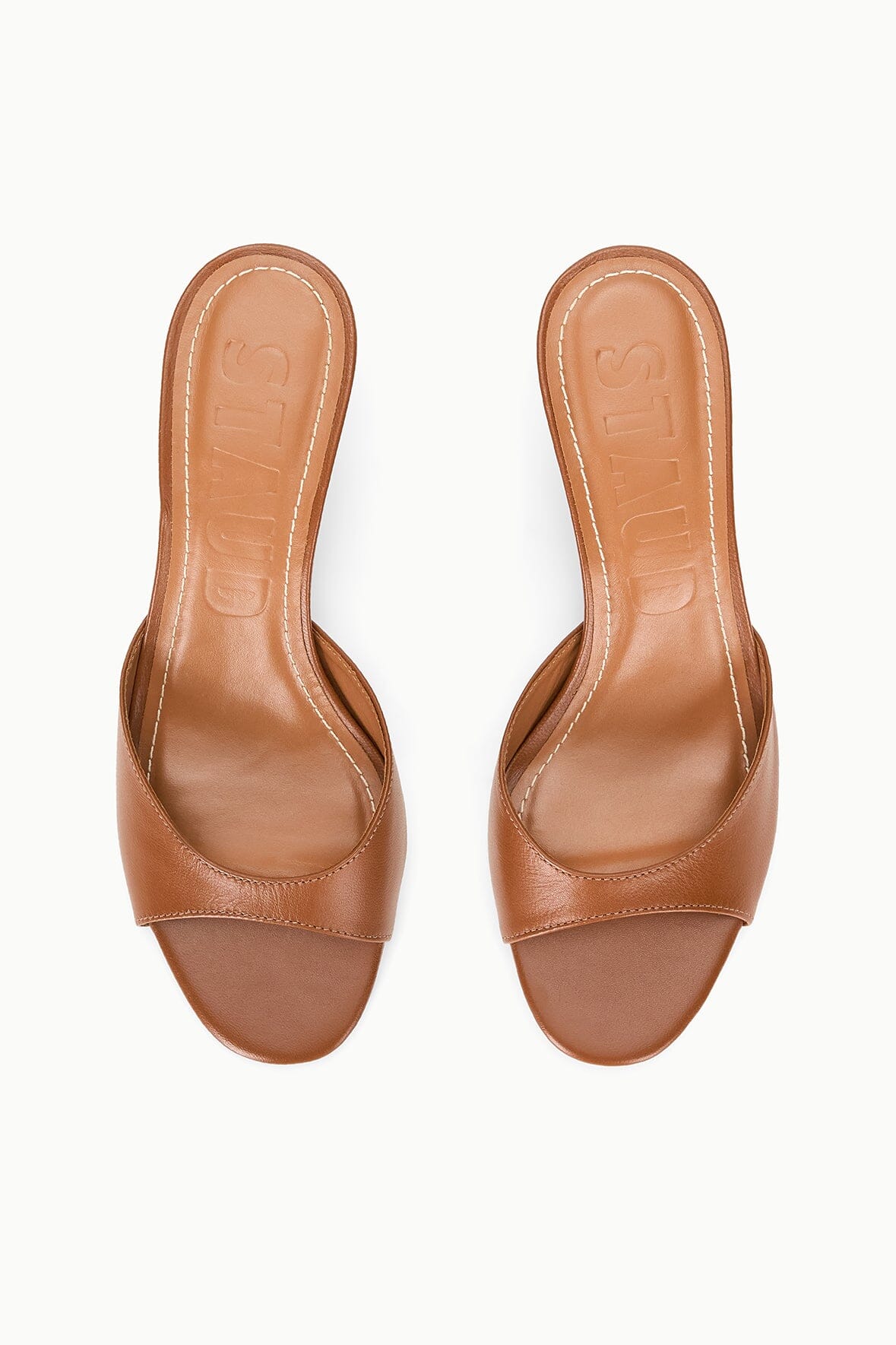 Tan leather wedge mule sandals, pair view with open toe