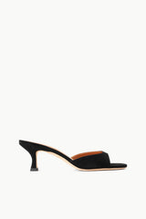 Black suede mule with open toe and slender mid heel