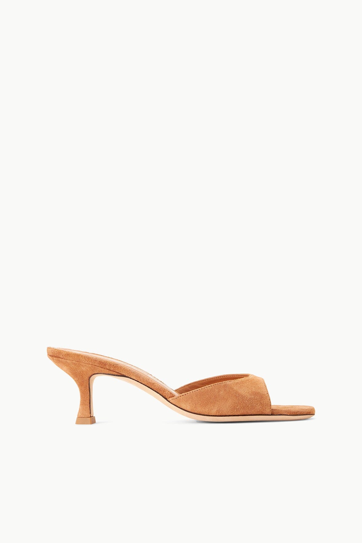 Tan suede mule with open toe and mid heel