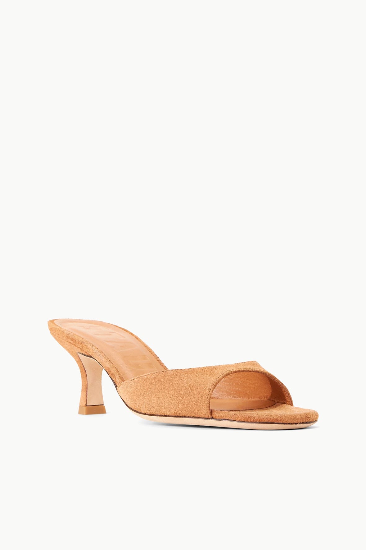 Tan suede mule sandal, open toe, side view