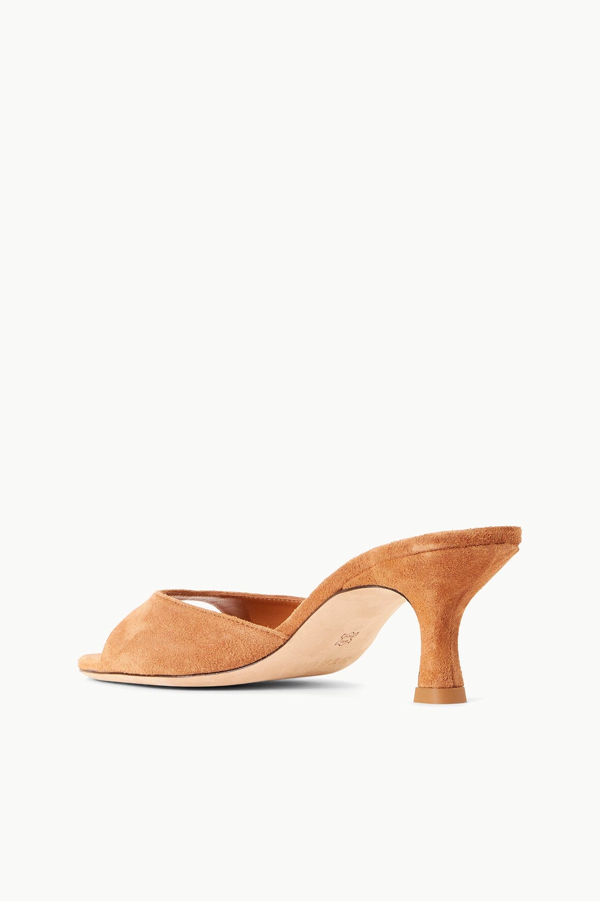 Tan suede mule sandal with curved heel and open toe