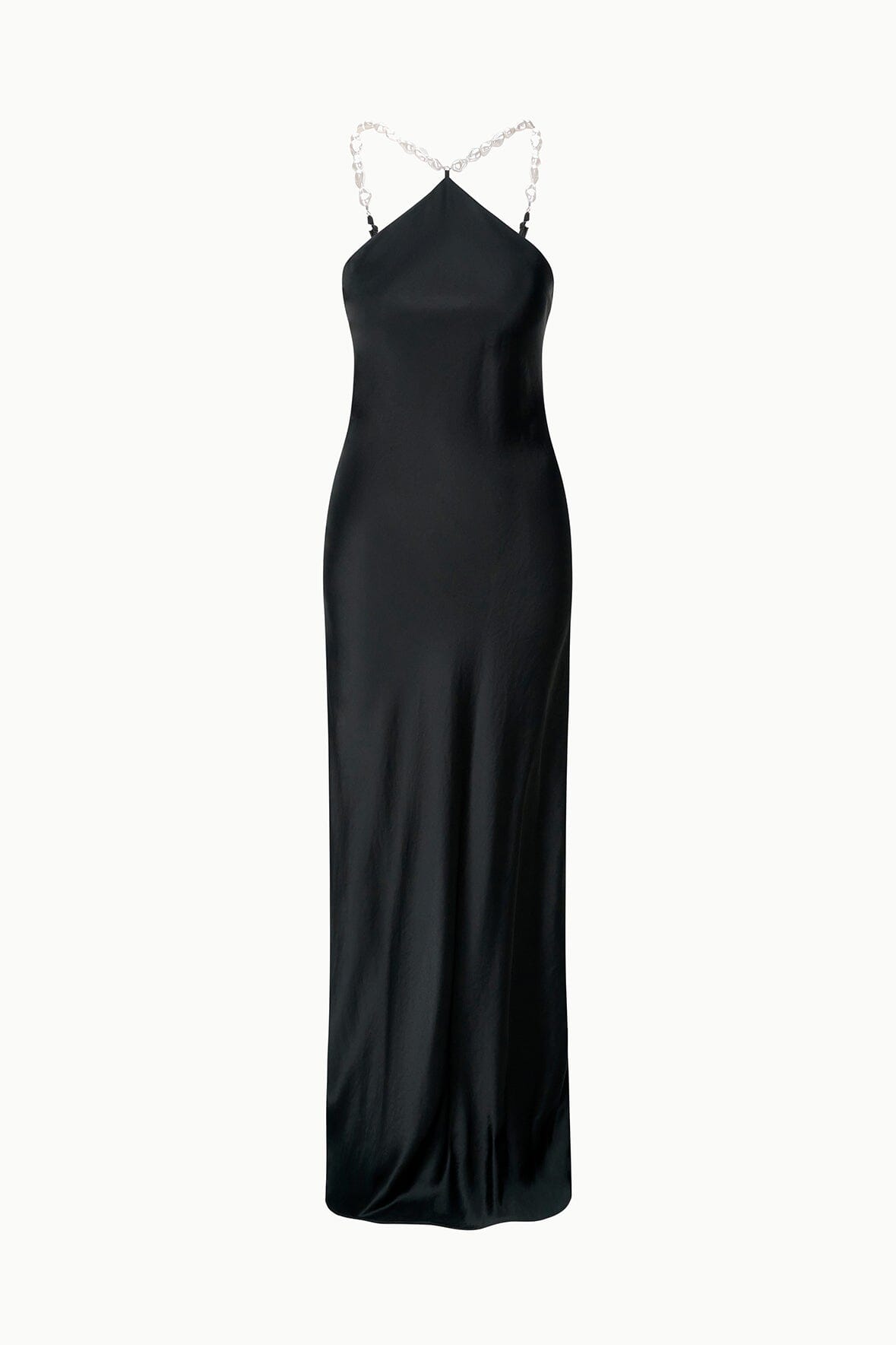 Black halter maxi dress with chain shoulder straps