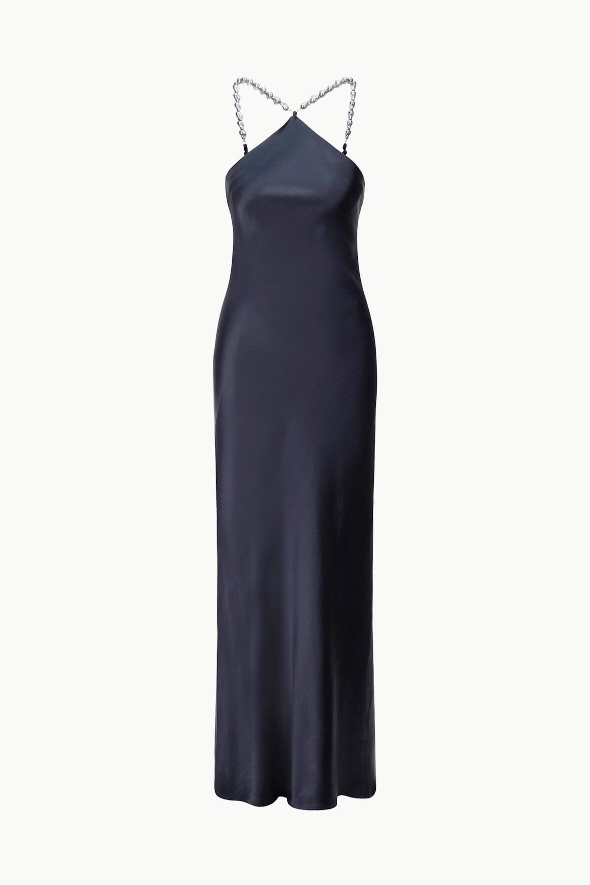 Navy satin slip dress with halter straps and beaded shoulder details