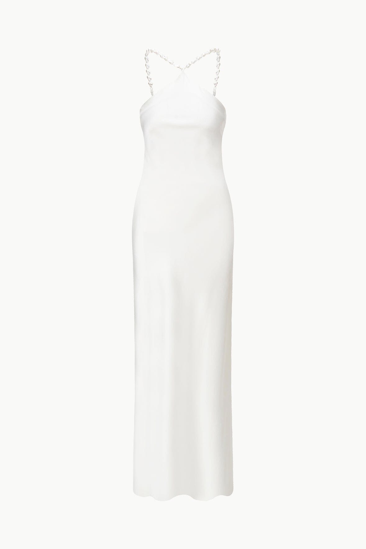 Pearl satin halter maxi dress with draped cowl neckline