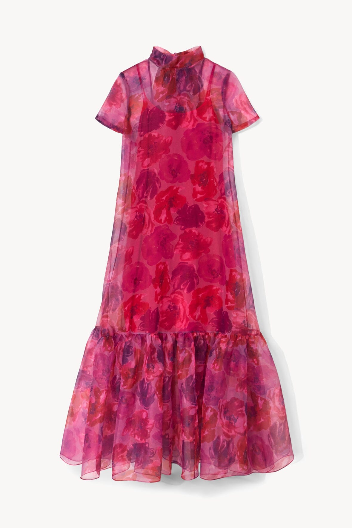 Calluna magenta painted floral maxi dress with high neck and tiered ruffle hem