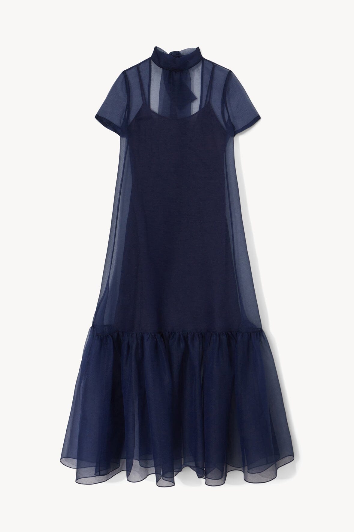 Navy sheer mesh dress with high neck, short sleeves, and layered tulle hem