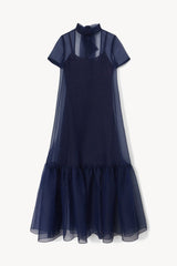 Navy sheer mesh dress with high neck, short sleeves, and layered tulle hem