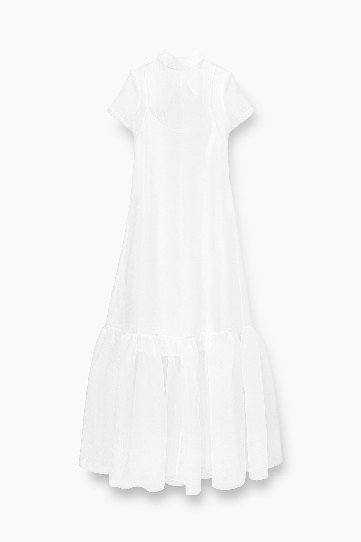 CALLUNA white dress with square neckline and tiered ruffle maxi skirt