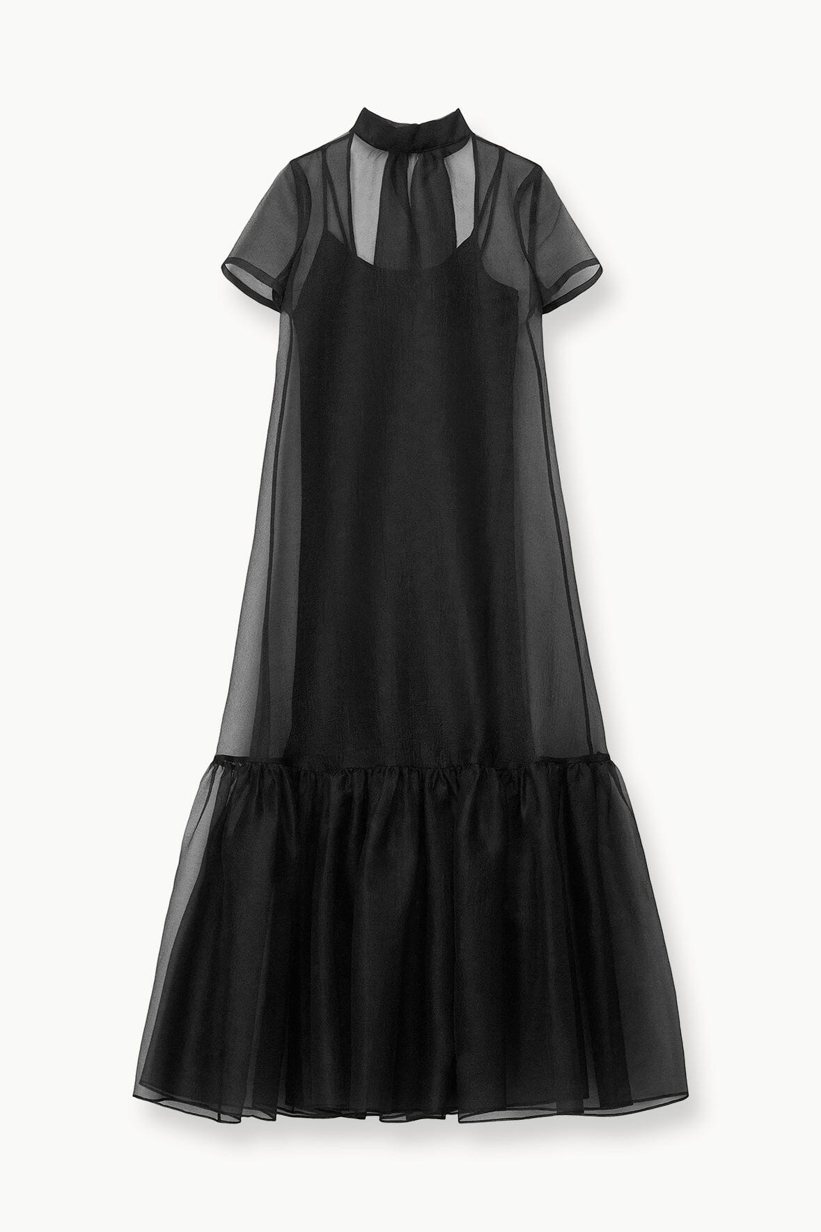 Black short-sleeve mesh dress with tiered tulle hem and crew neck