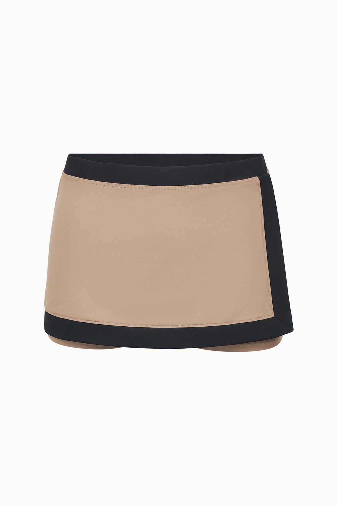 Taupe swim skirt with black waistband and contrasting black hem band