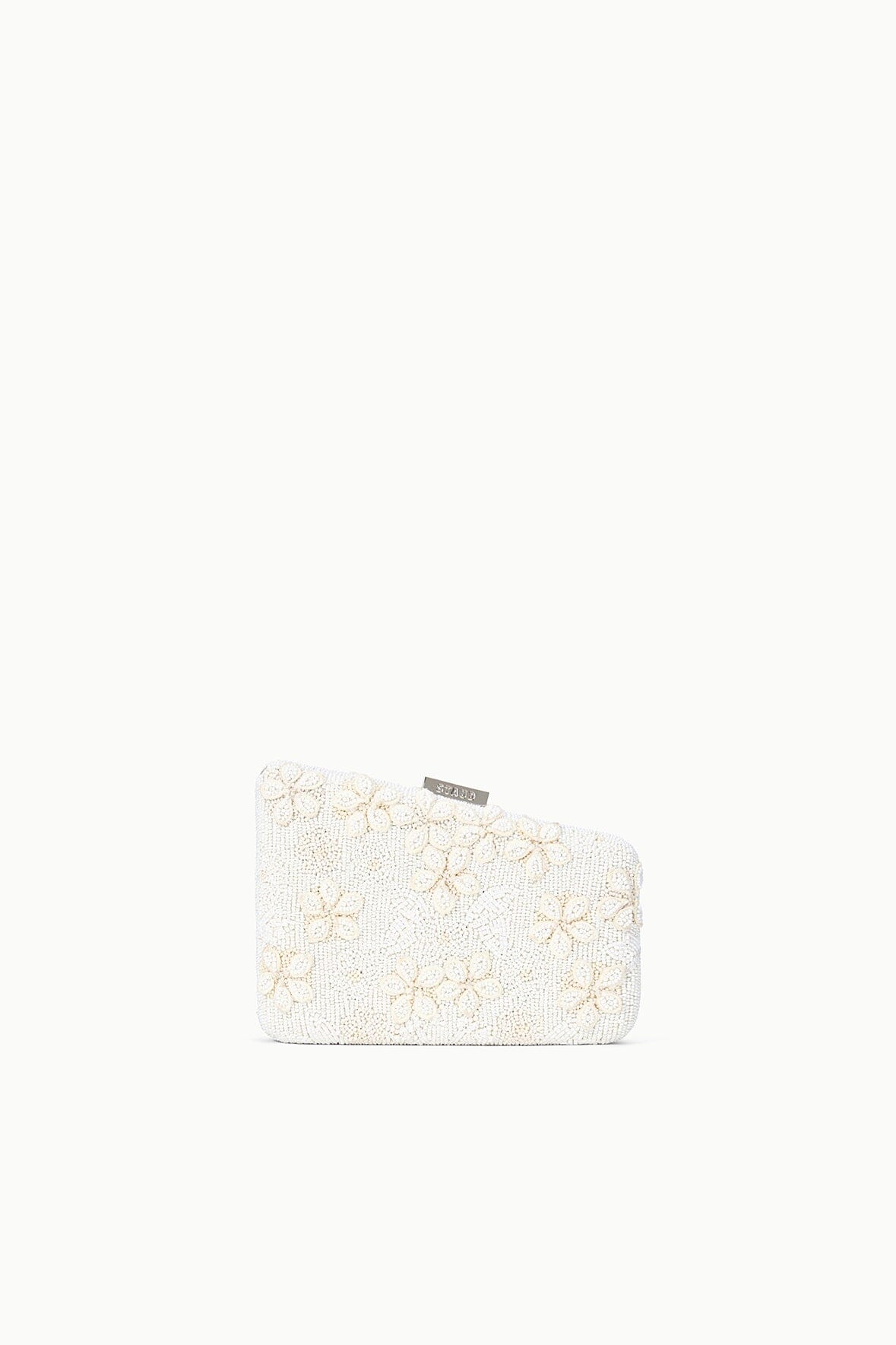 Off-white beaded clutch purse with floral motif and top clasp label