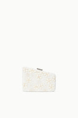 Off-white beaded clutch purse with floral motif and top clasp label