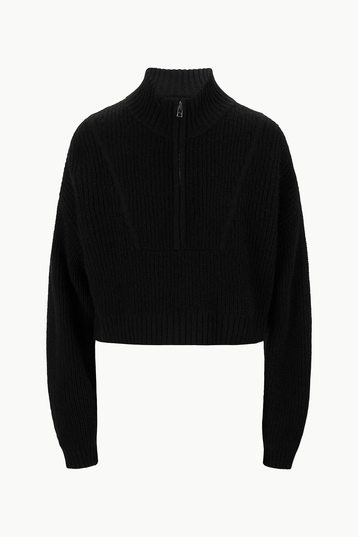 Black cropped cashmere sweater with quarter-zip and ribbed knit trim