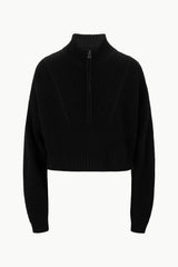 Black cropped cashmere sweater with quarter-zip and ribbed knit trim