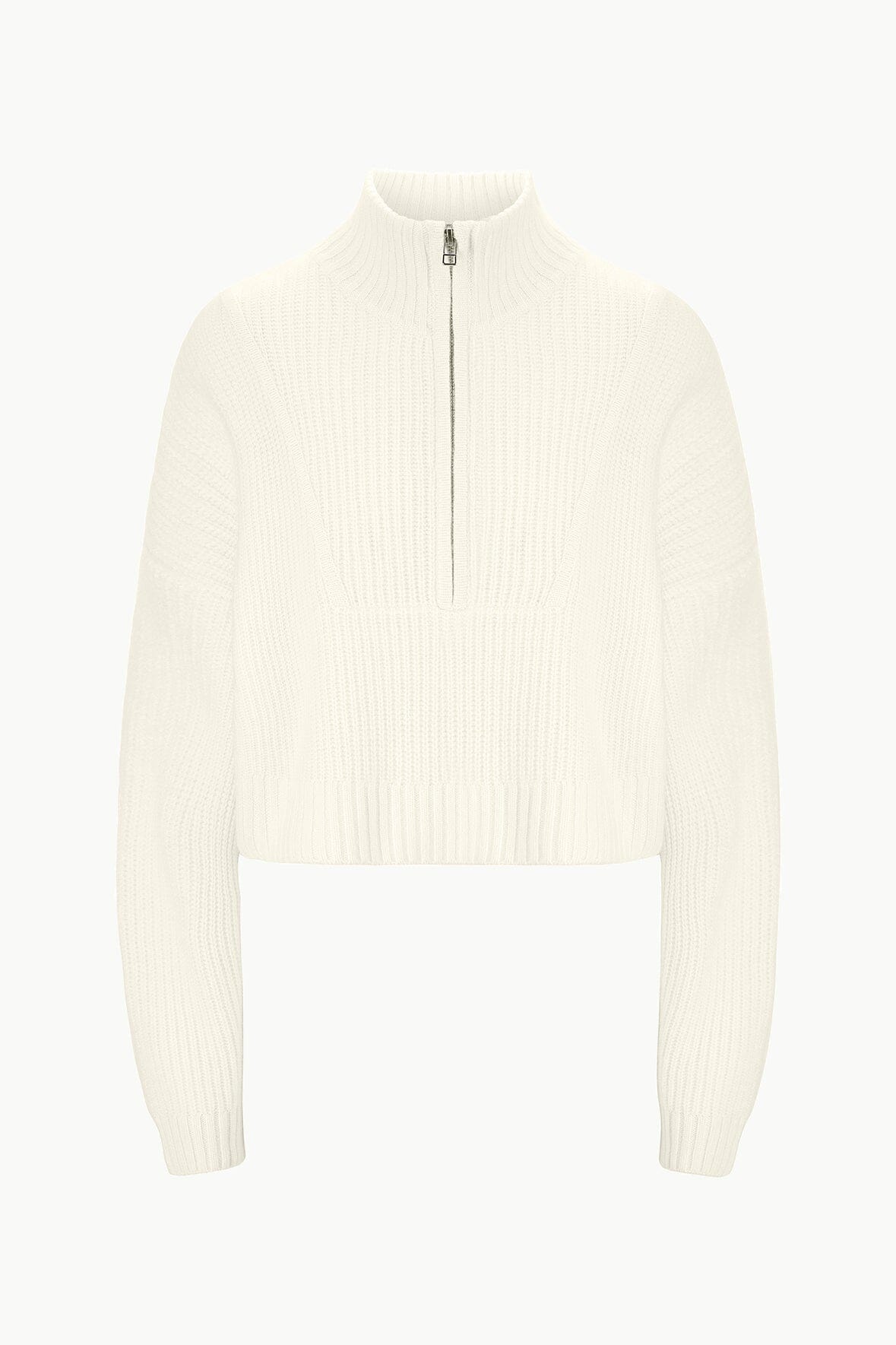 Ivory cashmere cropped sweater, stand collar half-zip and textured ribbing