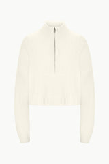 Ivory cashmere cropped sweater, stand collar half-zip and textured ribbing