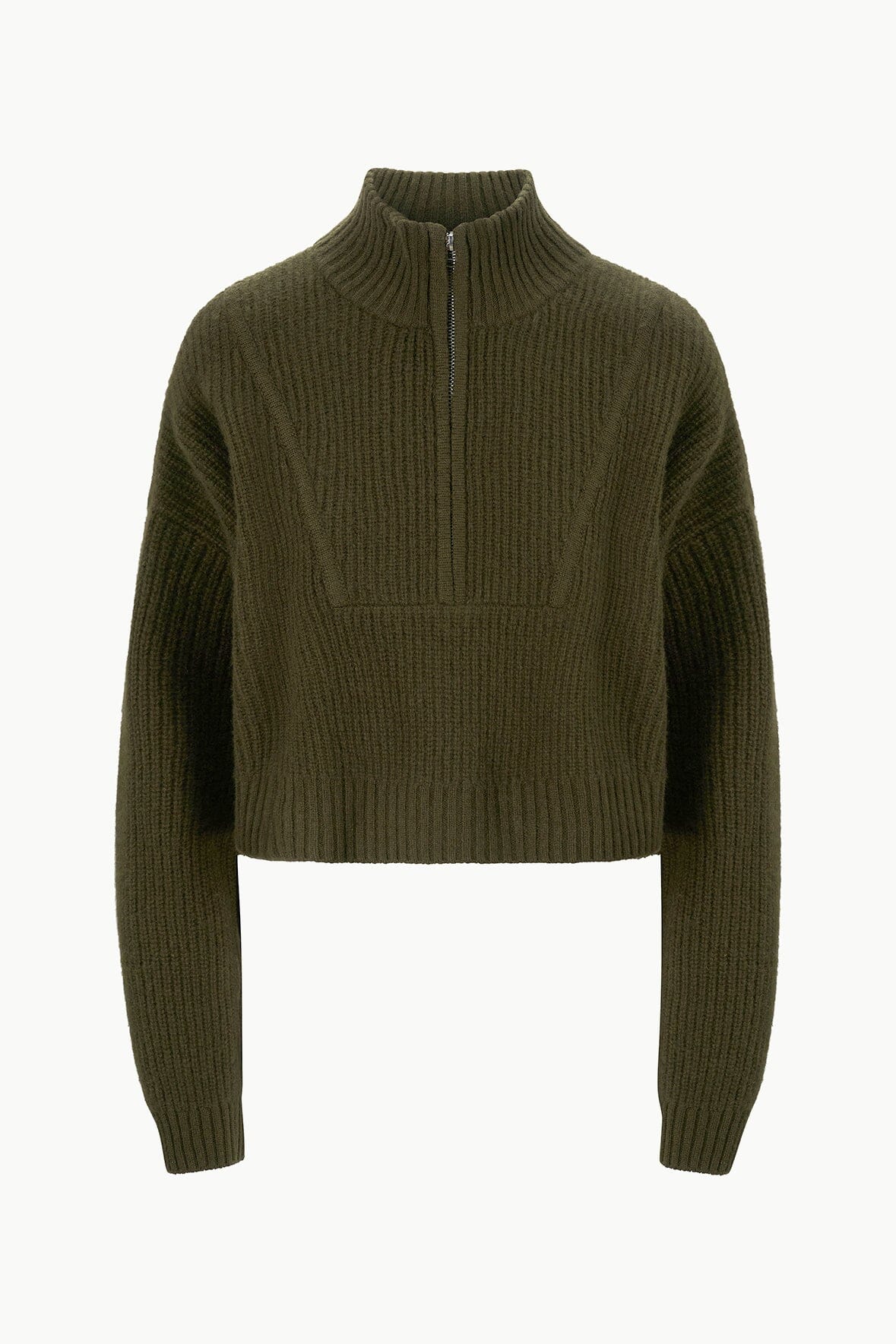 Olive cashmere cropped sweater with mock turtleneck and zip front, ribbed knit