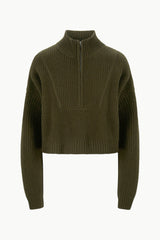 Olive cashmere cropped sweater with mock turtleneck and zip front, ribbed knit