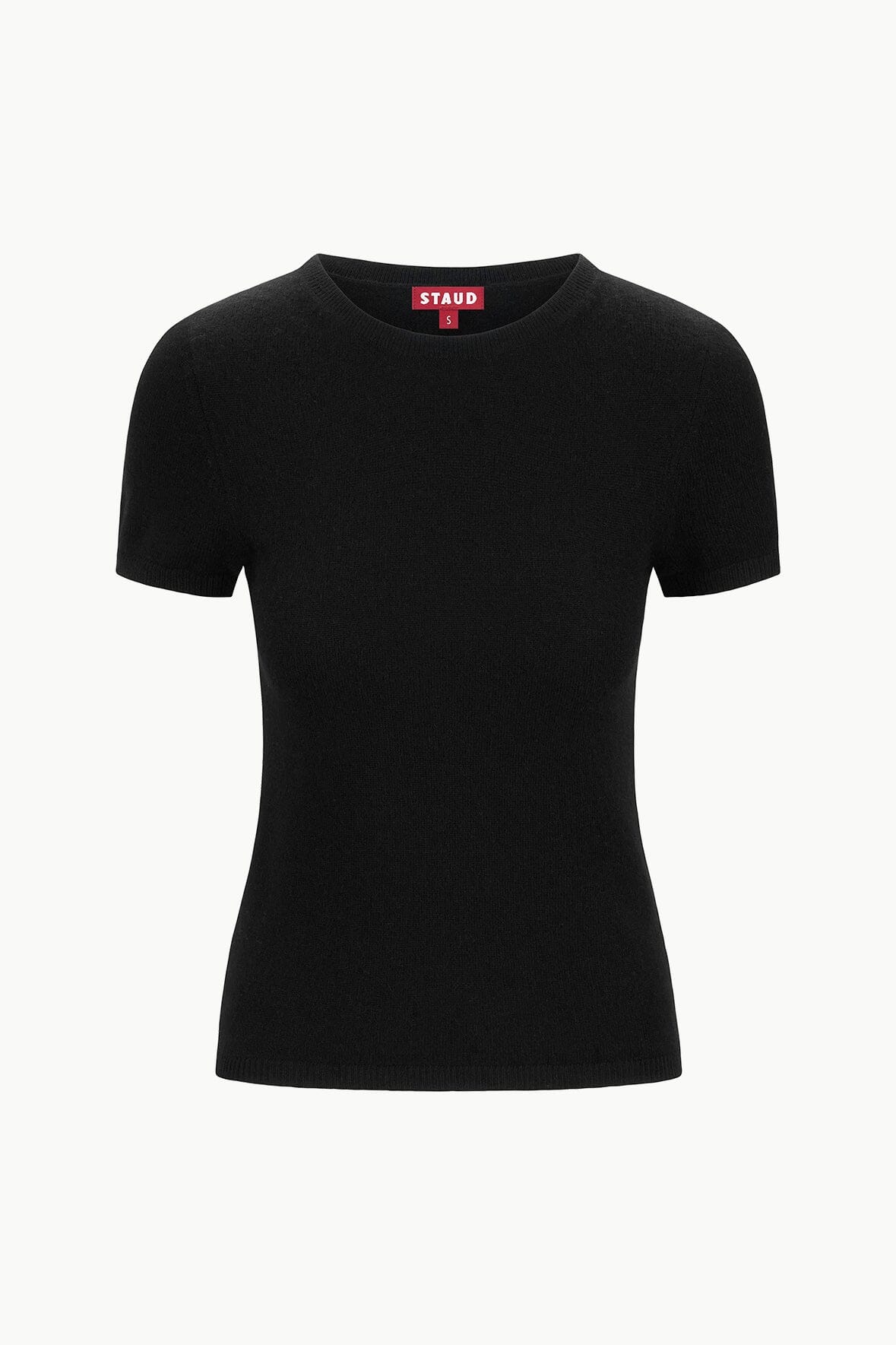 Black crew-neck short-sleeve cashmere tee, slim fit