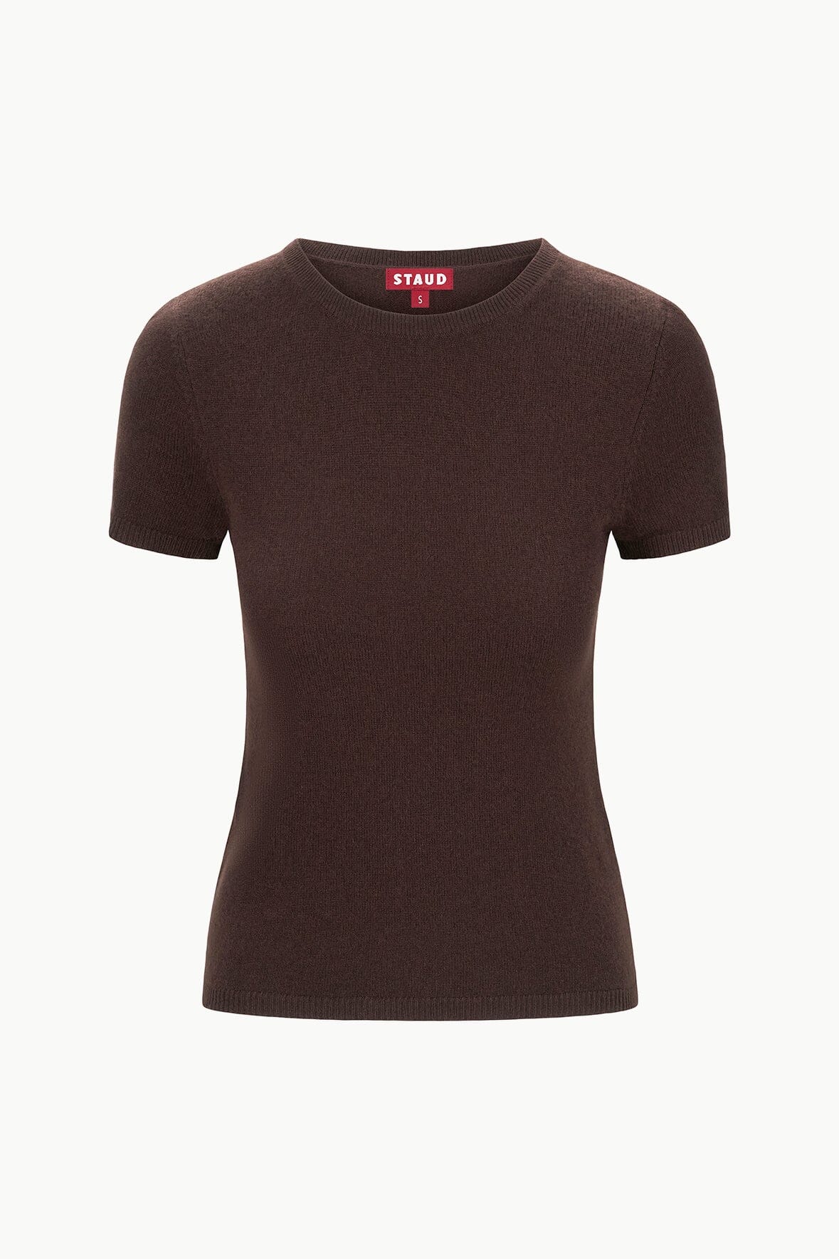 Dark chocolate cashmere crew-neck tee with short sleeves, fitted silhouette