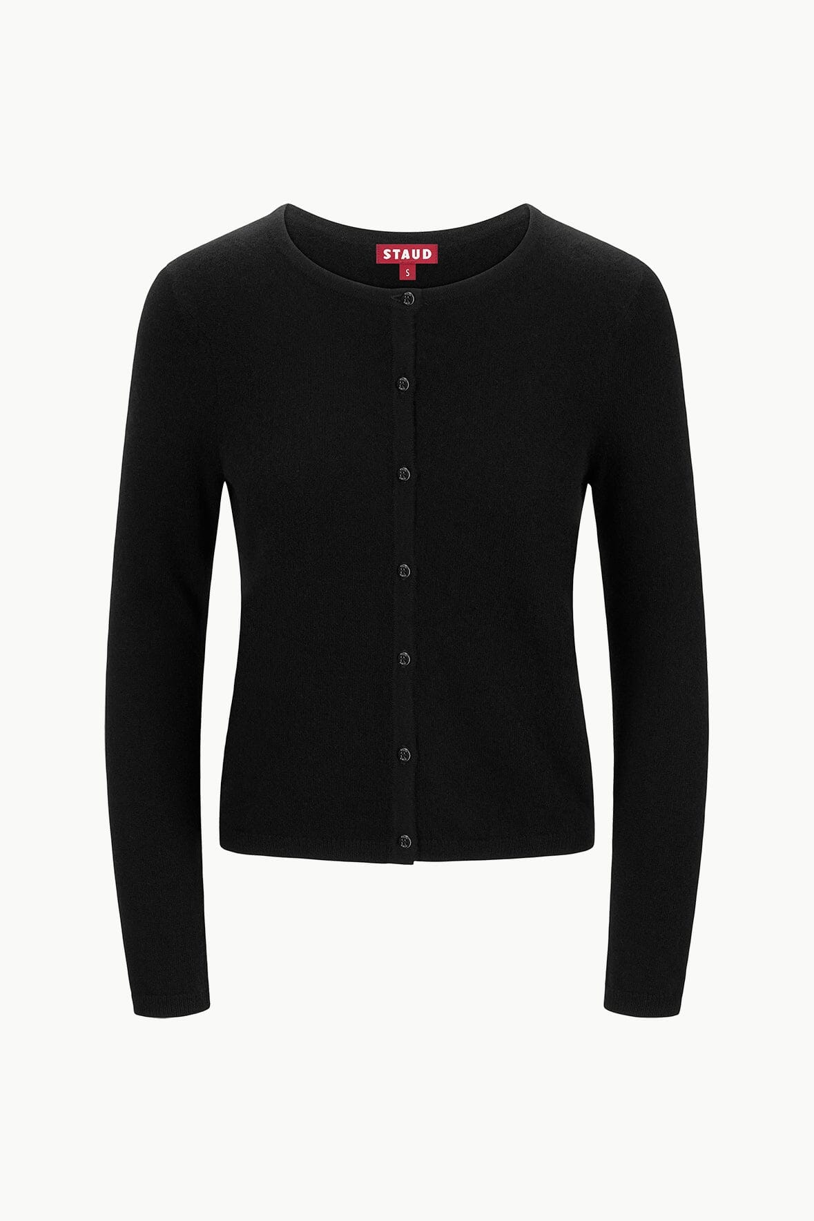 Black cashmere cardigan with button-front placket and long sleeves