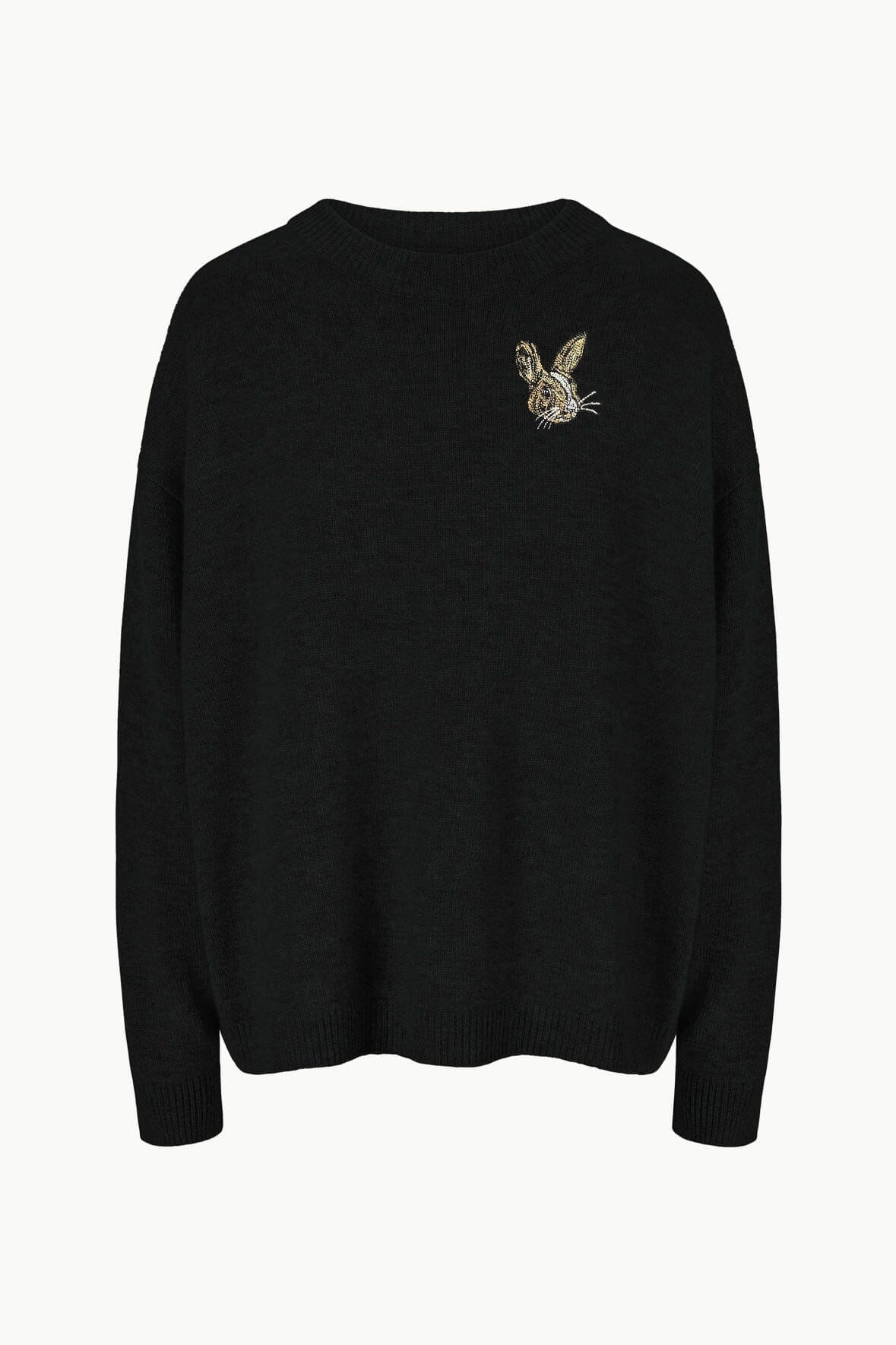 Black cashmere sweater with bee crest embroidery, crew neck knit, long sleeves (back)