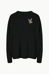 Black cashmere sweater with bee crest embroidery, crew neck knit, long sleeves (back)