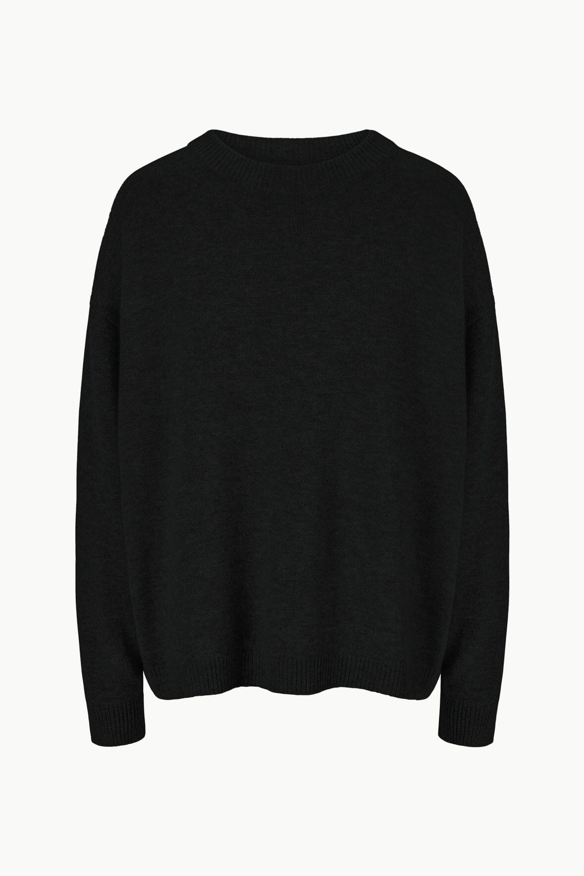 Black relaxed cashmere crewneck sweater, flat lay, long sleeves