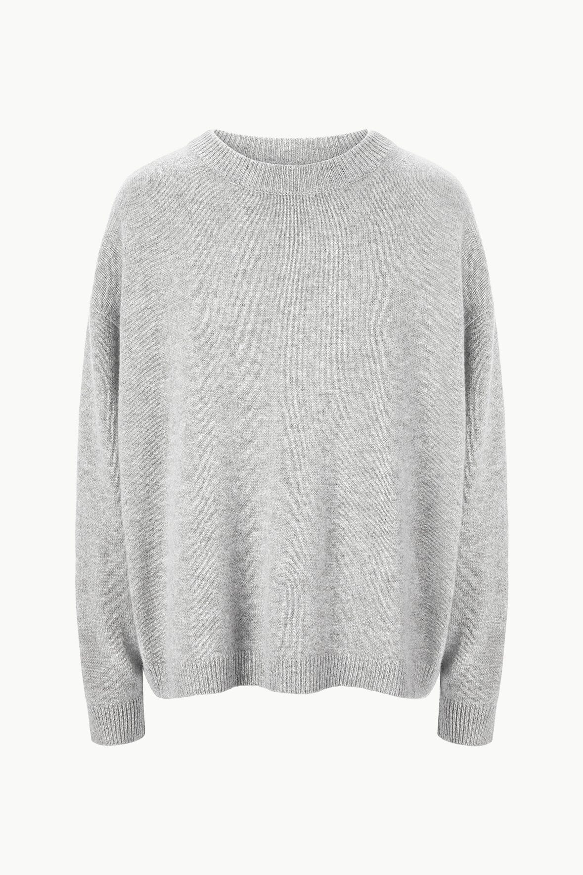 Heather grey cashmere crewneck sweater, ribbed neckline, cuffs, and hem