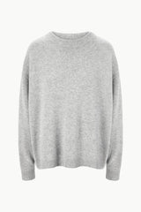 Heather grey cashmere crewneck sweater, ribbed neckline, cuffs, and hem