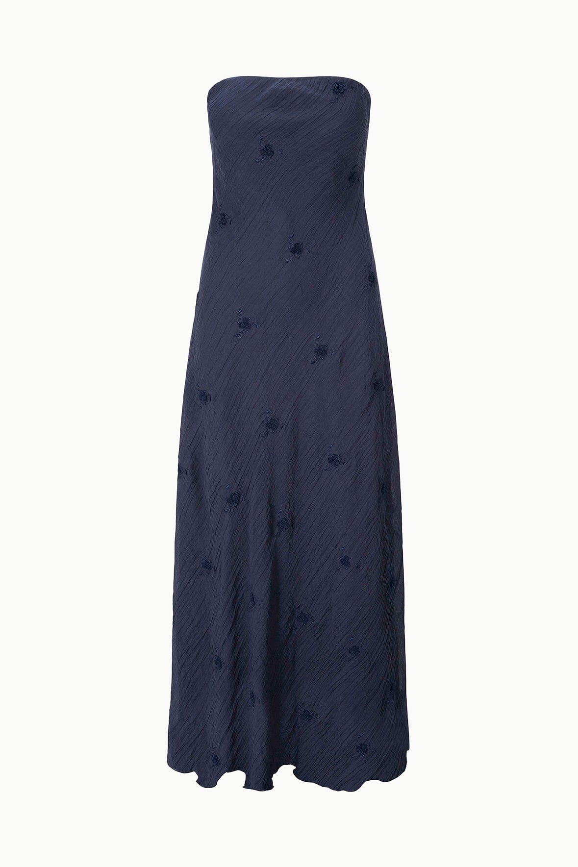 Navy strapless maxi dress with textured dark dot pattern, straight tube shape