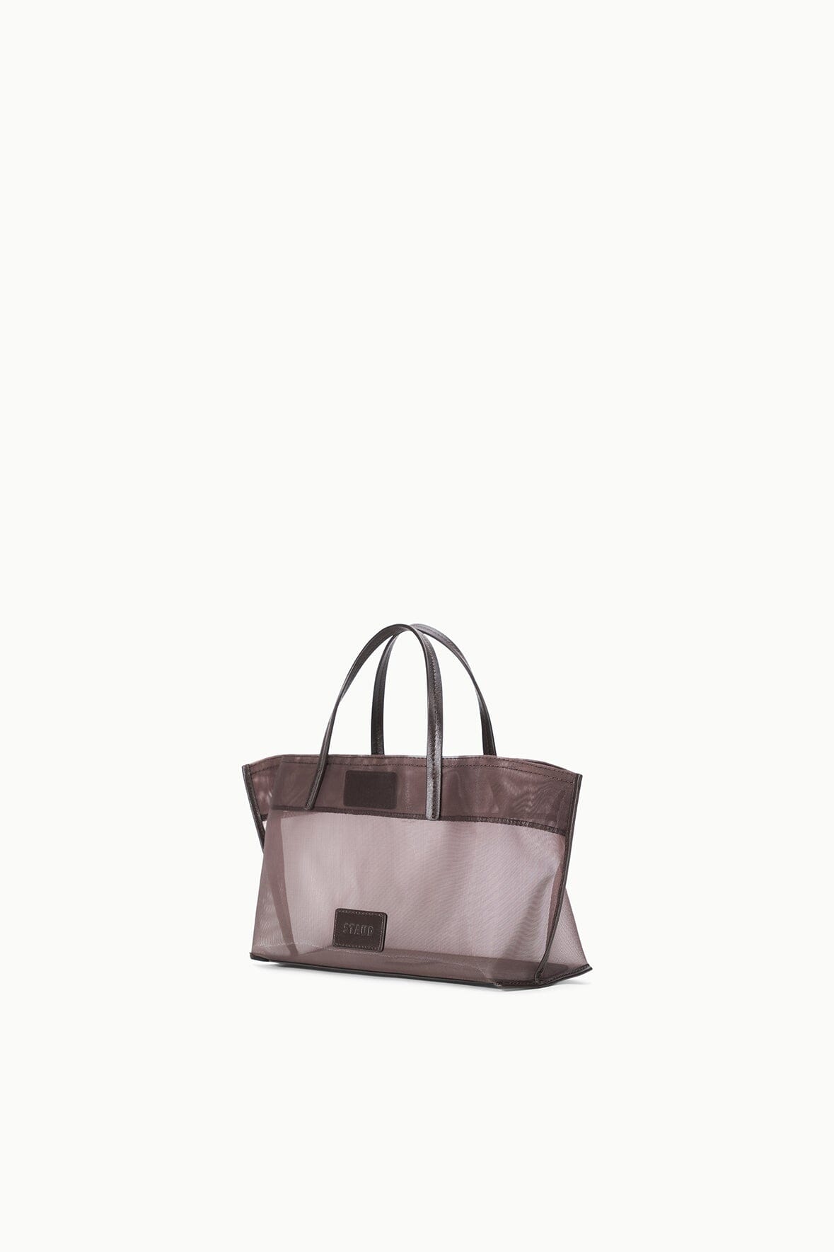 Mini mesh tote with top handles and front label, espresso-brown sheer mesh