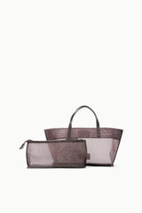 Mini mesh tote with zip pouch insert, espresso-brown sheer mesh