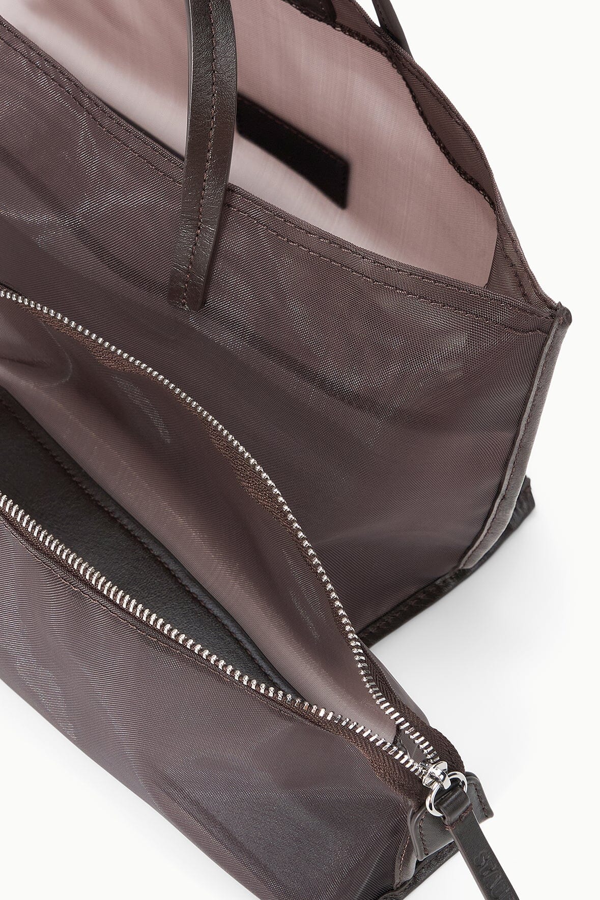 Mini mesh tote with zippered interior and side seam detailing, espresso-brown