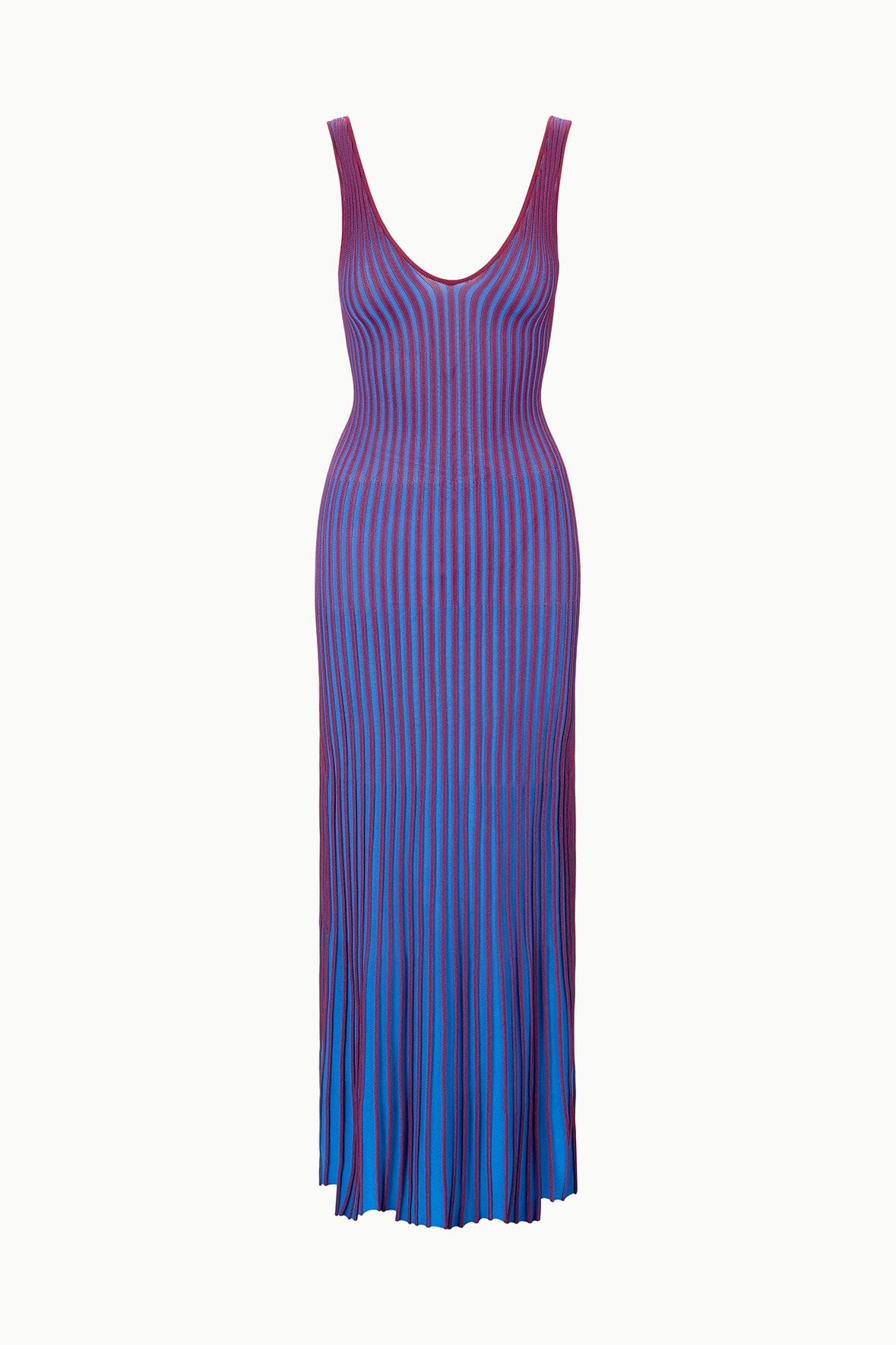 Sleeveless V-neck striped maxi dress with blue and claret vertical stripes
