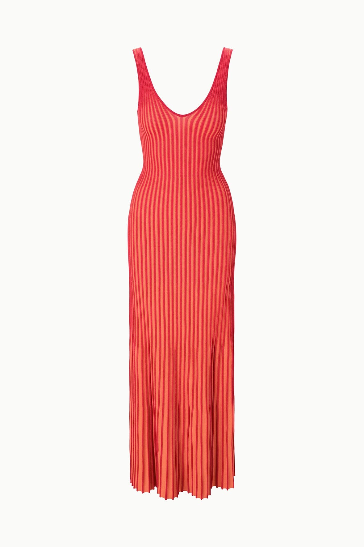 Red sleeveless maxi dress with V-neck and vertical stripe pleats