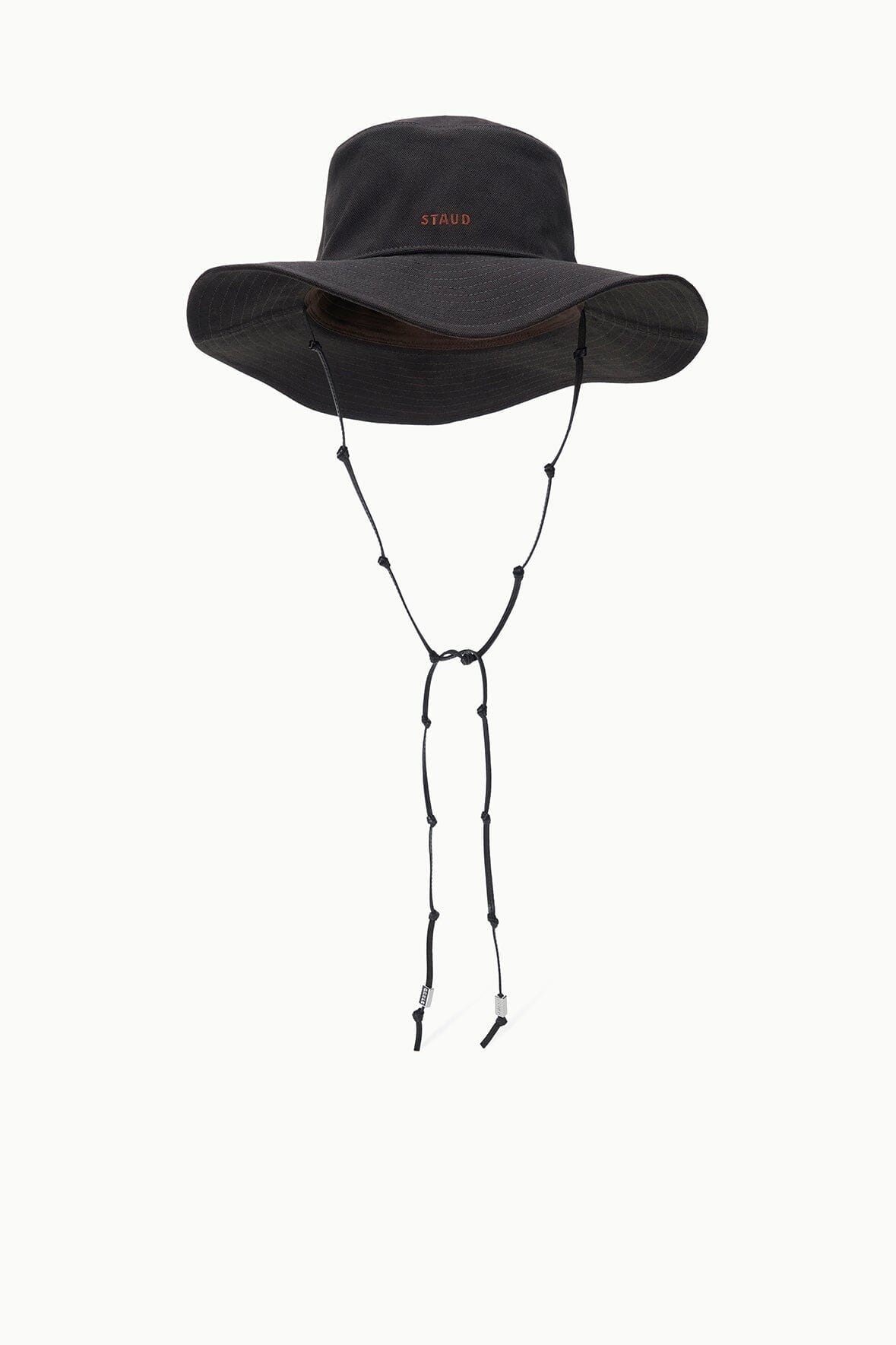 Dark brown bucket hat with chin strap and beaded cord adjusters