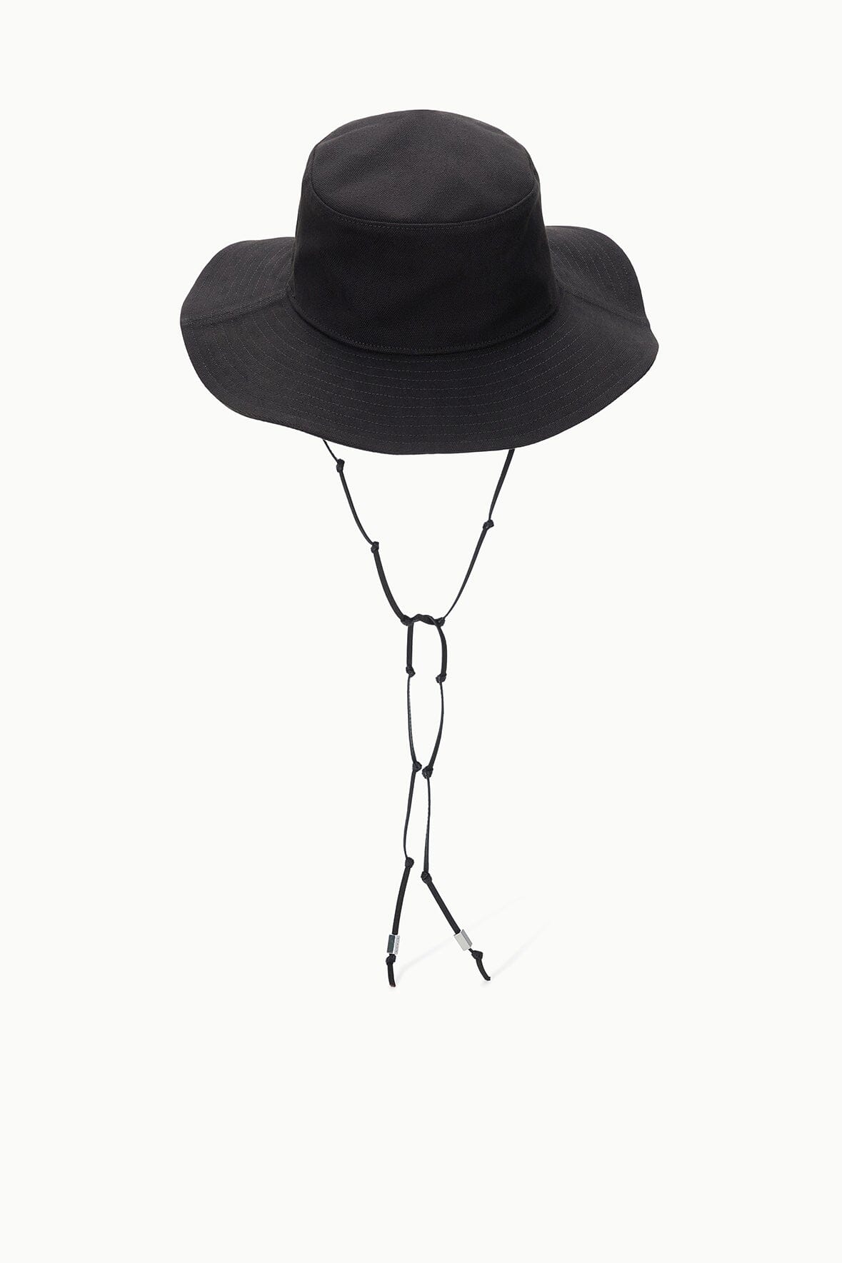 Dark brown bucket hat with chin strap cords and adjustable beaded closures