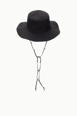 Dark brown bucket hat with chin strap cords and adjustable beaded closures